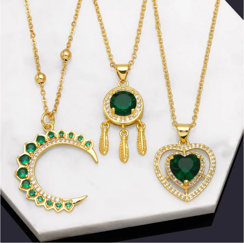 Hot Selling Fashion Geometry Heart-shaped Moon Necklace Emerald Zircon Necklace to My Daughter