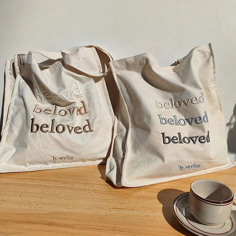 Customized Embroidered Letters Gradient Colour Canvas Bag Large Capacity Storage Bag Student Tote Bag