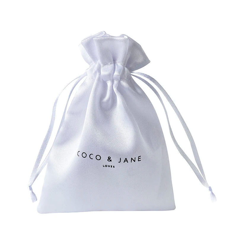 Custom Logo 9x12cm White Drawstring Satin Wedding Gift & Jewelry Favor Pouches Gift Bags
