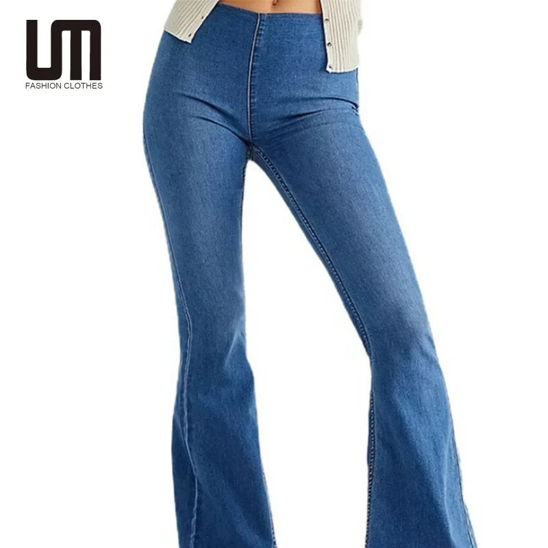 Liu Ming Trends 2025 Products Fashion Women Mid Waist Solid Color Elastic Flare Jeans Denim Trousers