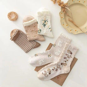 MIO 5 Colors Korean Autumn Cozy Cotton Crew Socks Cute Cartoon Rabbit Flower Women Socks Breathable Casual Soft Socks Anti Slip