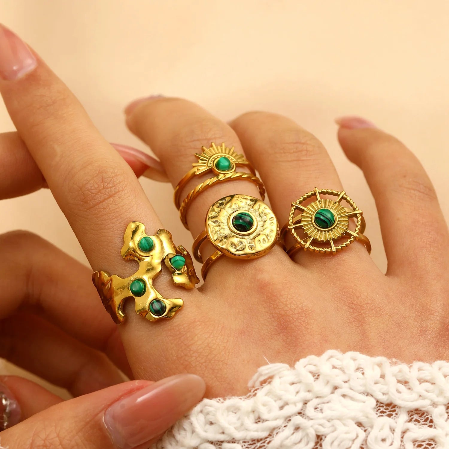 Stainless Steel Green Stone Irregular Rings for Women Trendy Ladies Finger Rings Accessories on Hand 2025 Female Fashion Jewelry