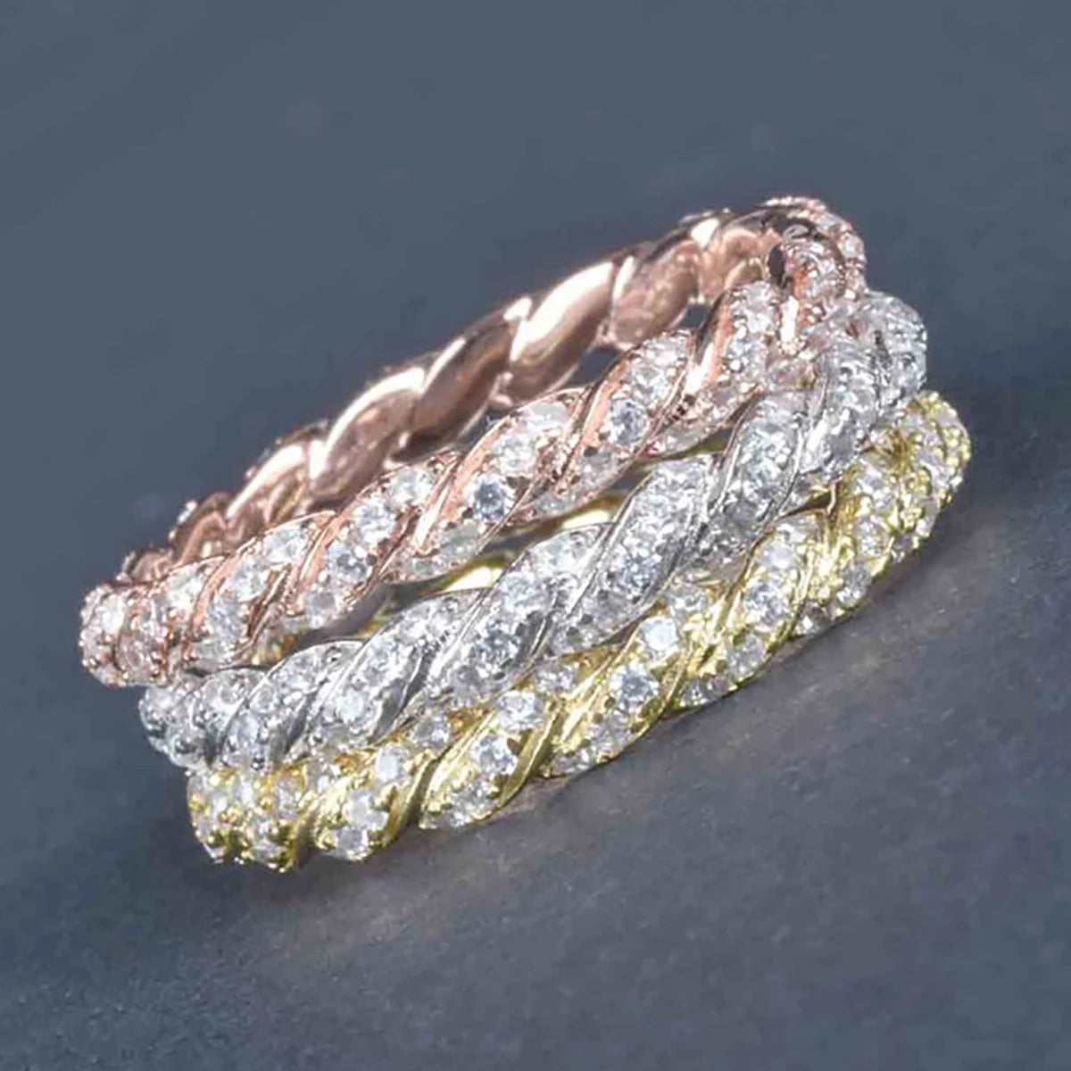 Huitan Exquisite Cross Twist Design Bling Cubic Zirconia Silver Plated Eternity Band Rings for Wedding Engagement CZ Rings Women