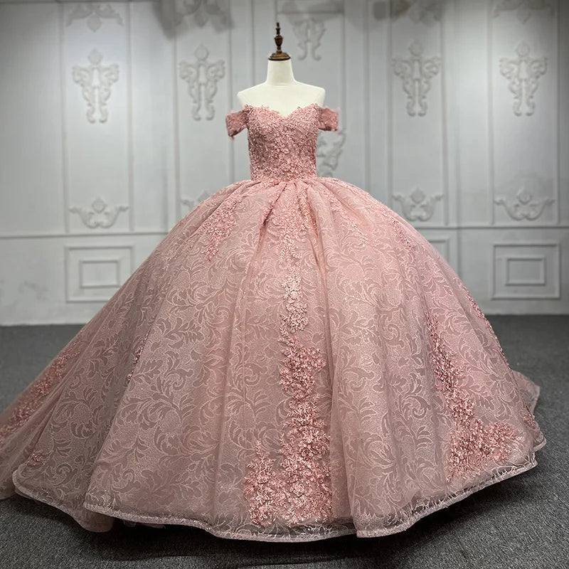 Jancember 7576 Pink Embroidery Off Shoulder Ball Gown Evening Party Dresses With Long Tail