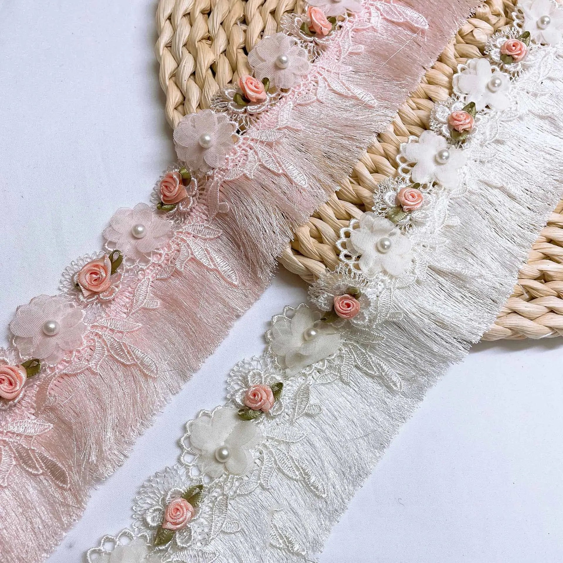 JFL087 Polyester Hand-made Three-D Pearl Sticky Flower Fringed Lace Dress Skirt Decoration Diy Curtain Fabric Embroidery Lace