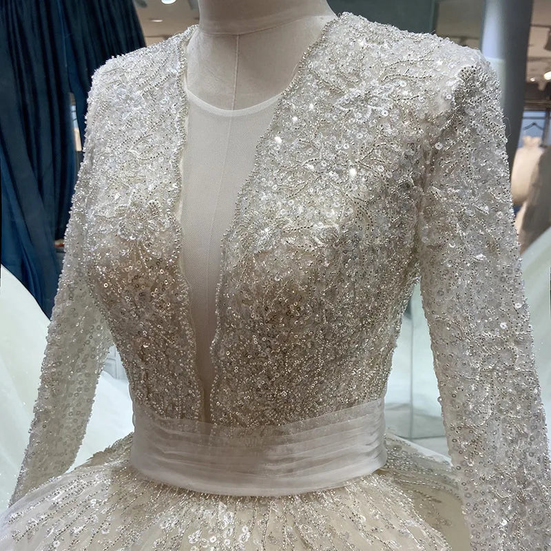 AL1273 2022 Ball Gown Wedding Dress Cheap Long Sleeve Light Beaded Sequins Crystal French Bride Style Starry Trail Ruffles Long