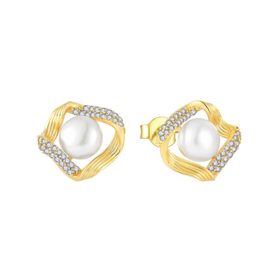 Square Design 925 Sterling Silver CZ Accent Gold Plated Luxury Pearl Stud Earrings for Women