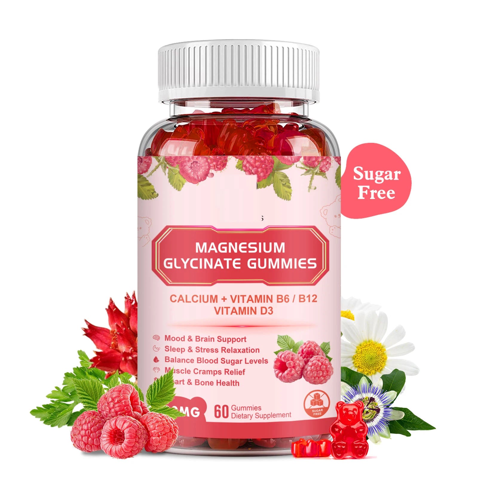 Raspberry Flavor Magnesium Glycinate Gummies for Mood and Brain Support Magnesium Glycinate Gummies