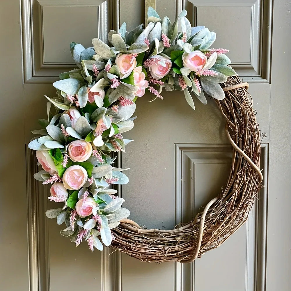 45cm Handmade Nordic Artificial Flower Wreath - Spring Silk Floral Garland for Front Door Wall Hanging Home Wedding Decor
