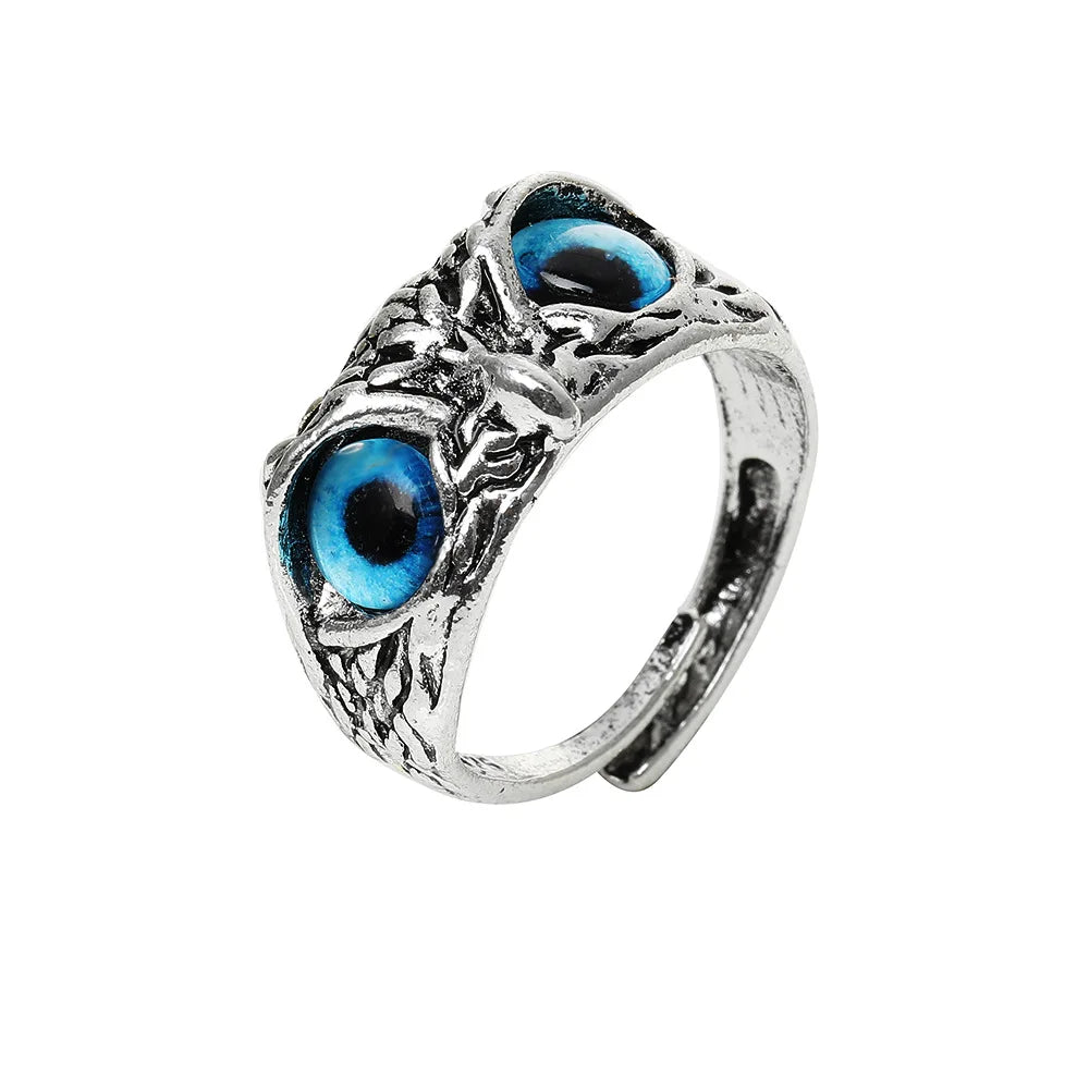 Vintage Gothic Animal Open Adjustable Owl Eye Punk Ring Couple Blue Eyes Owl Ring for Men Women Jewelry