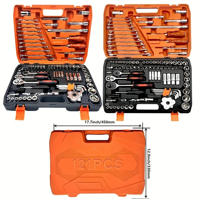 121pcs Mechanic's Carbon Steel Tool Set Quick Ratchet Wrench Screwdriver Sockets OEM Hard Case for Auto Repair DIY Enthusiasts