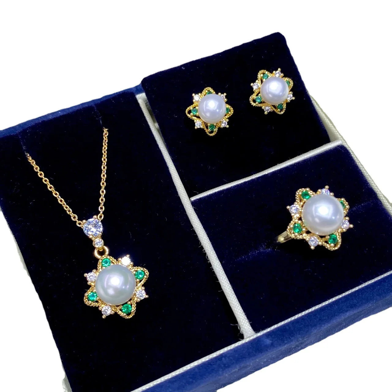 Wholesale 18K Gold Plated Luxury Bridal Wedding Freshwater Pearl Green Zircon Star Necklace Earrings Ring Jewelry Set