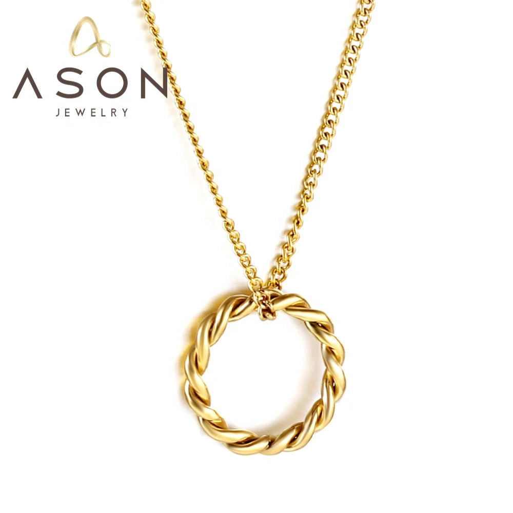 Ason Simple Fashion New Style Stainless Steel Thick and Thin Chain Necklace Circle Twist Pendant Necklace