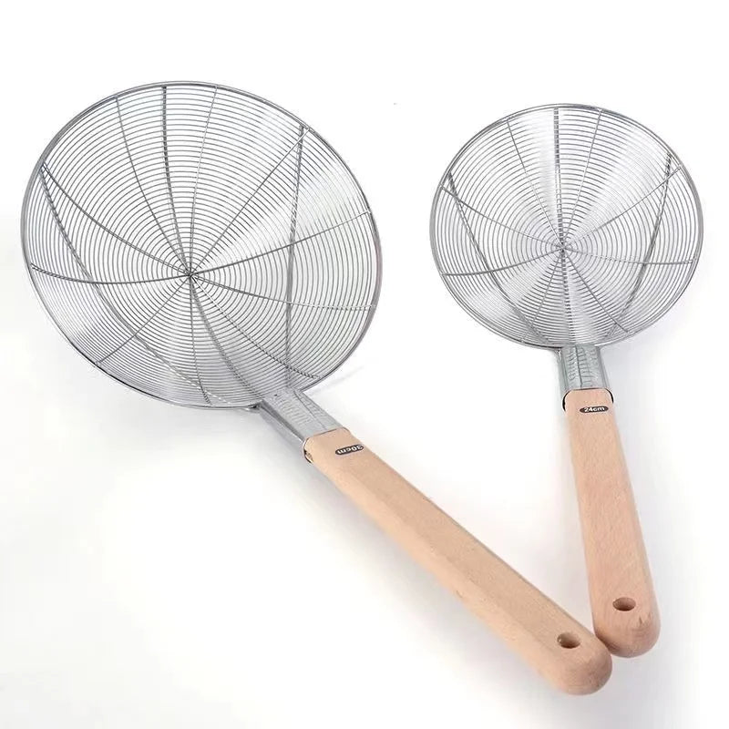 Kitchen Cooking Tool Washing Drain Stainless Steel Wooden Handle Mesh Strainer Soup Colander Pasta Strainer