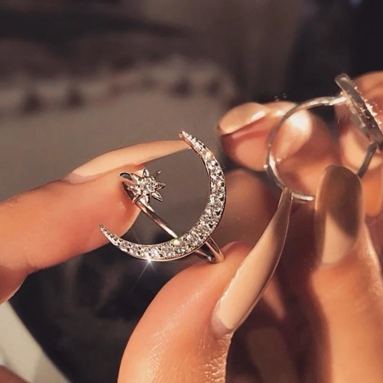 Shiny New Fashion Silver Gold Plated Girls Rhinestone Open Finger Moon Star Women Rings
