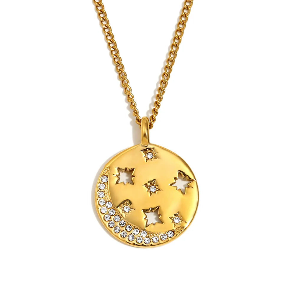 Jewelry Pave CZ Star Round Pendant Hammered Coin Necklace 18K Gold Plated Stainless Steel Link Chain Accessories