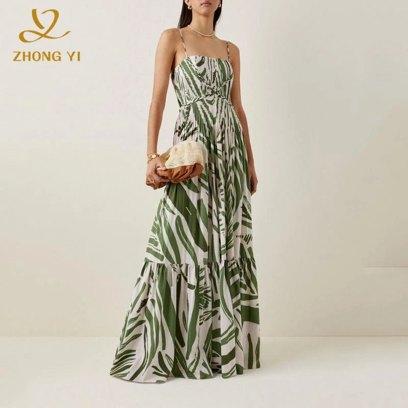 Custom Fashion Spaghetti Strap Ladies Summer Service Ball Gown Dress Dyeing Sleeveless Ruffles Beach Elegant Dresses Party Women