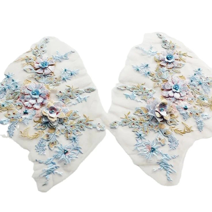 DIY Sewing Accessories Wedding Decoration Fabric Embroidered 3D Flower Lace Applique With Pearl and Rhinestone for Dress Gown C