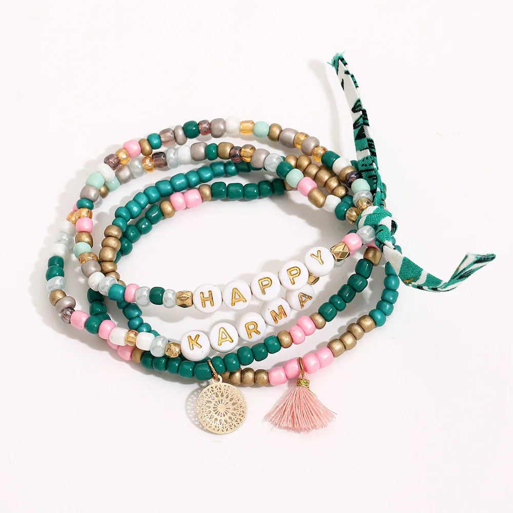 Wofish 2022 Boho HAPPY LOVE SMILE Words Mixed Colorful Seedbeads Bracelets Set with Tie Knot