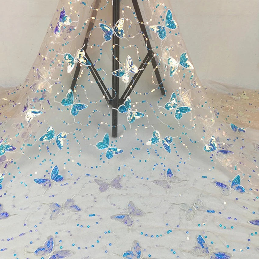 3mm Rainbow Color Butterfly Sequins New Fashion Evening Dress Fabric with Embroidery Mesh for Weddings Home Textiles Accessories