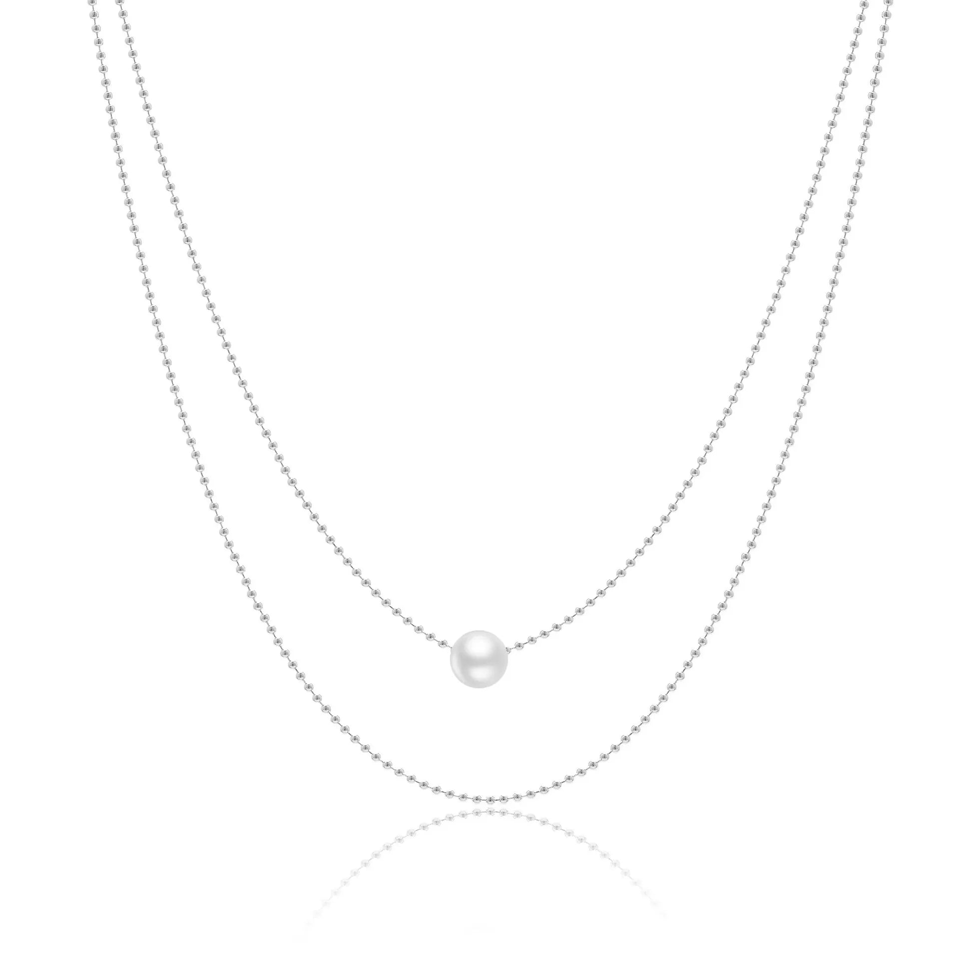 Hot Sale 925 Sterling Silver Double Layer Small Round Ball Chain Pearl Charm Necklace for Women