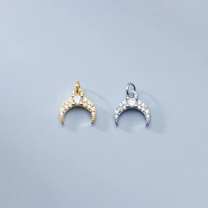 9.4mm Shiny Petite Sterling Silver Crescent Pendant With Rhinestone Cz Crescent for Necklace Jewelry Making