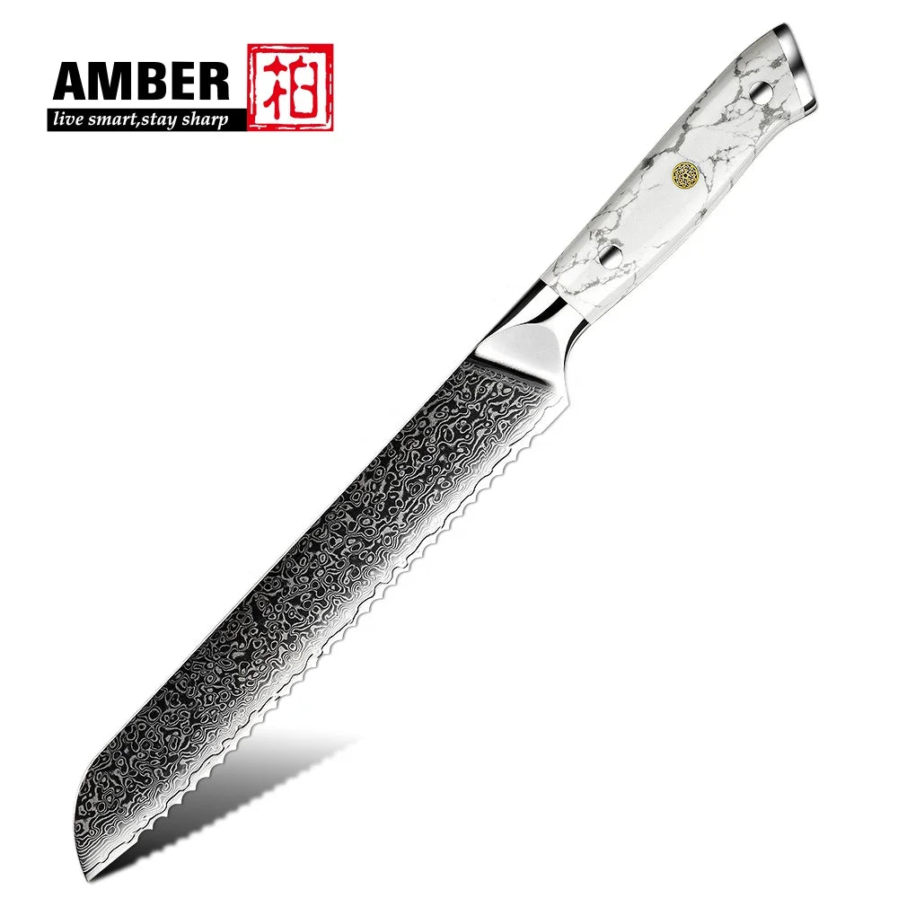 Amber Custom Logo White Turquoise Stone Handle VG10 Damascus Steel 8 Inch Kitchen Bread Knife with Saw Bread Knives