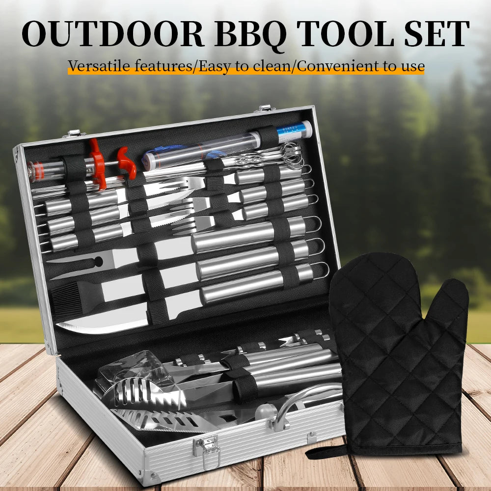 ZONWIN 32 PCS Stainless Steel Grill Tools Set Aluminum Case Non-Stick Heat Resistant 43x28cm for BBQ Kitchen Outdoor Camping