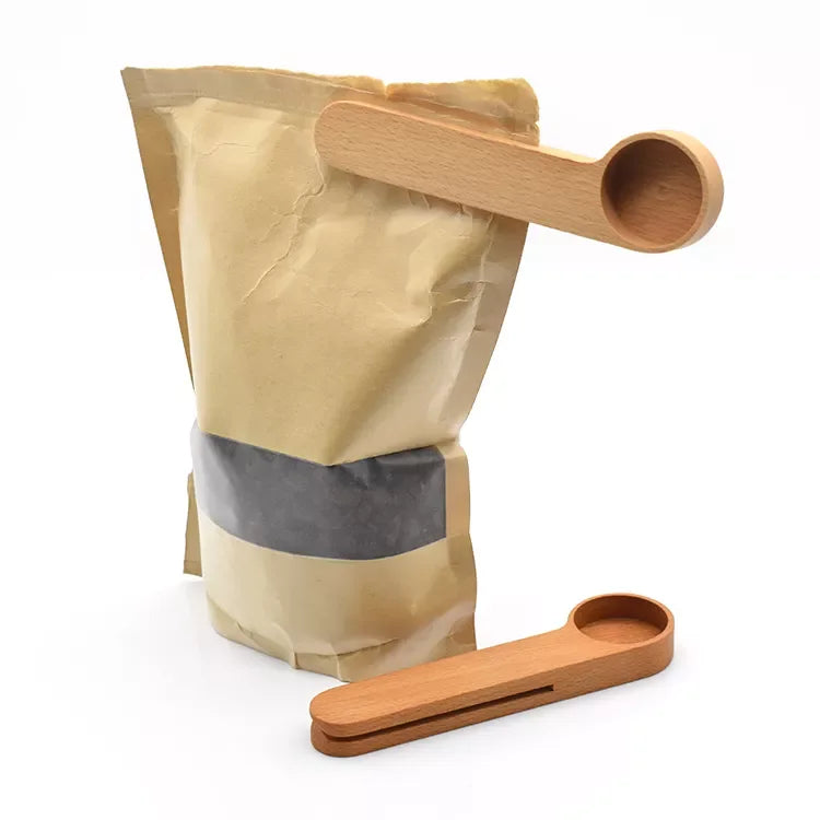 Custom LOGO Solid Wood Coffee Scoop with Bag Sealer Clip