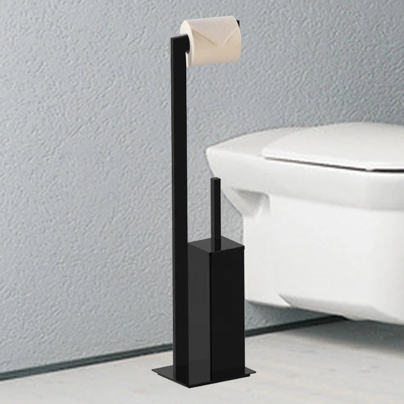Modern Matte Black Stainless Steel Square Freestanding Toilet Brush Holder with Paper Towel Dispenser for Bathroom