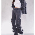 Custom Casual Grey Washed Pocket Detail Wide Leg Joggers Pants for Women