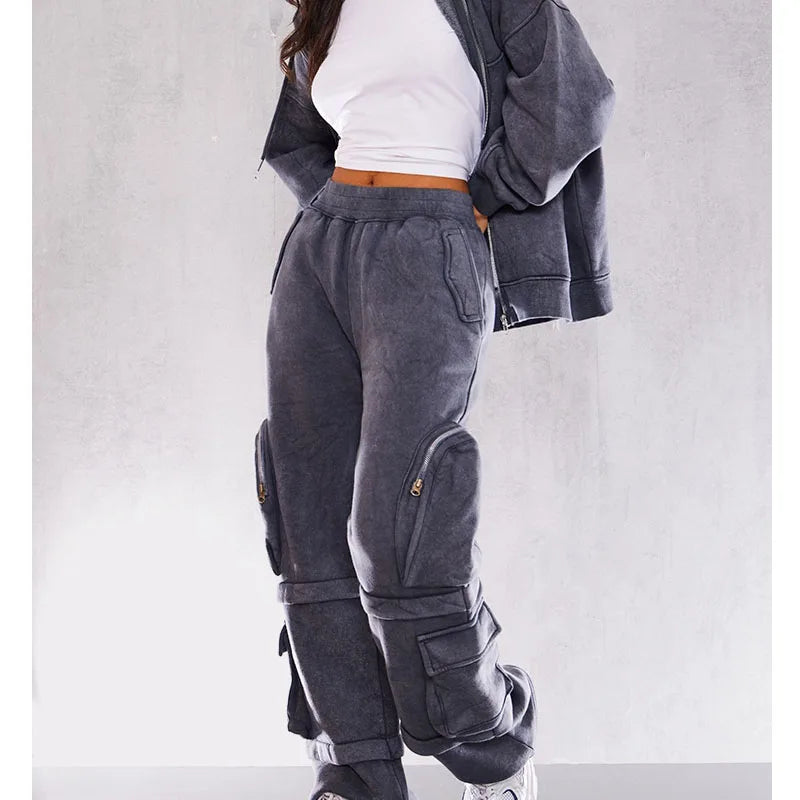 Custom Casual Grey Washed Pocket Detail Wide Leg Joggers Pants for Women