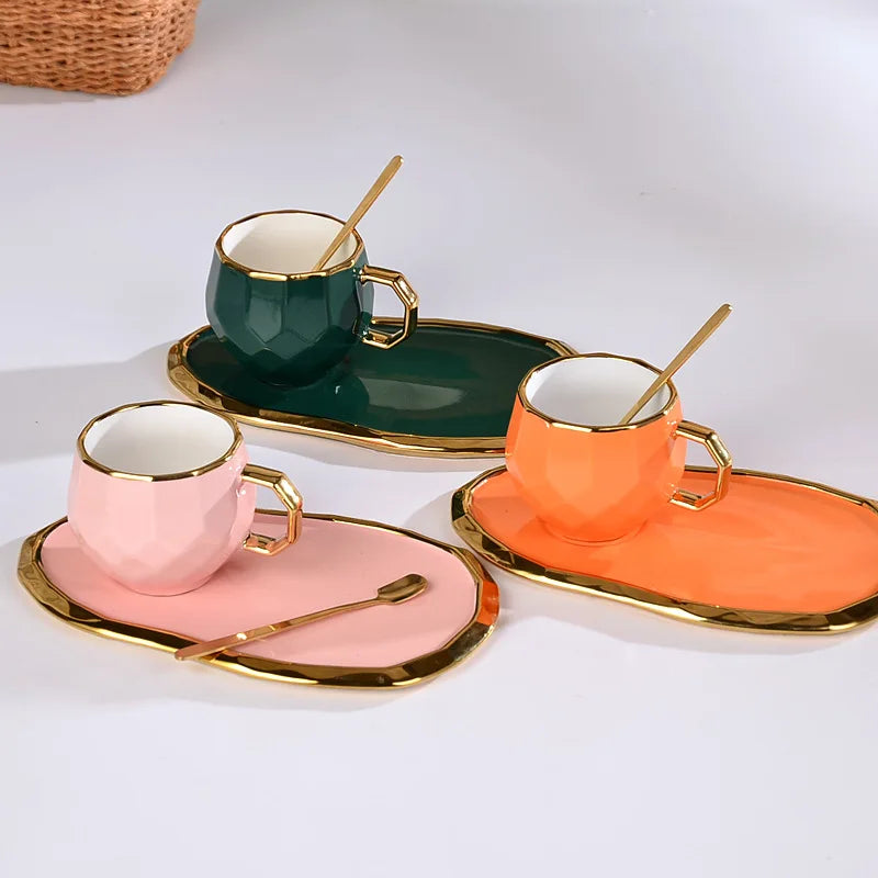 European Style Gold-plated Coffee Cup and Saucer Set Creative Electroplating Ceramic Cup