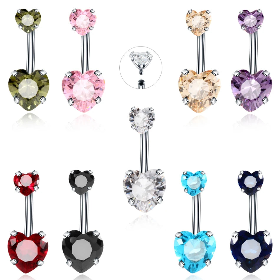 316L Surgical Steel Internally Threaded Belly Button Rings Double Heart-Zircons Fashion Women Girls Navel Rings Piercing Jewelry