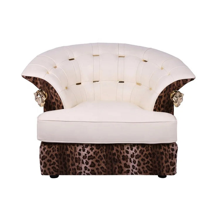 Modern Luxury Single Sofa Accent Chair Elegant White Leather Copper Leopard Print Velvet Wood Metal Living Room Furniture Set