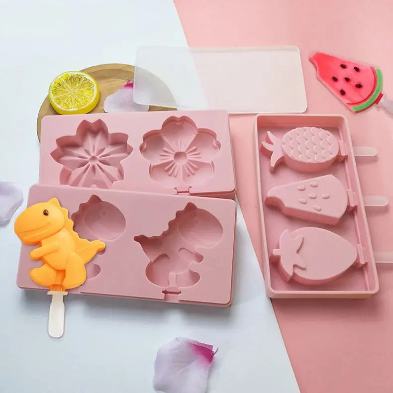 Popsicle Silicone Molds with Lid Ice Cream Bar Mold for Children 4 Cavities Silicone Ice Pop Reusable Mold/