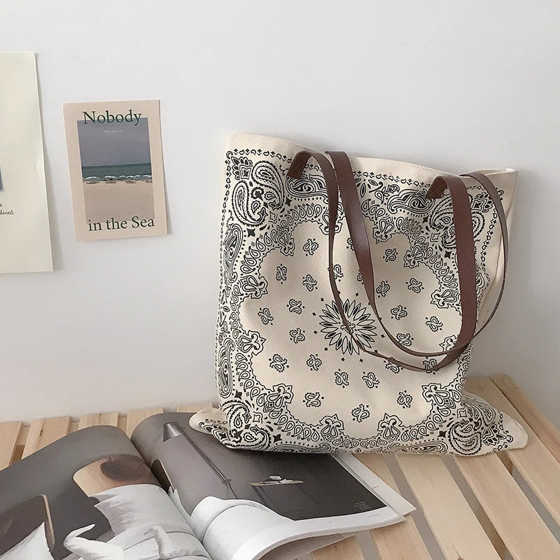 New Fashionable Vintage Bandana Tote Handbag PU Handle Custom Design Lady Canvas Bags Travel Promotional Gifts Custom Logo