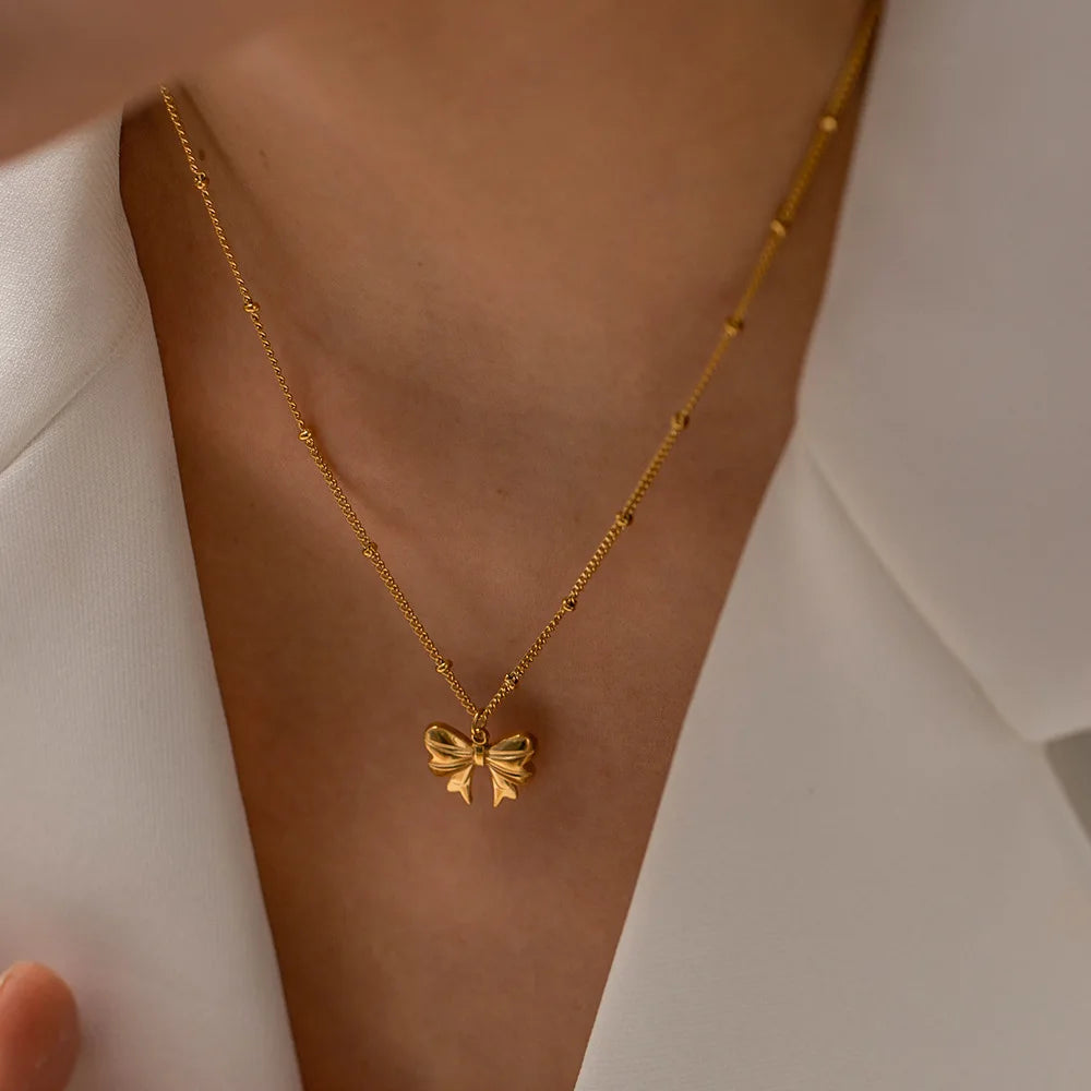 New Arrival 18K Gold Plated Charm Necklace Stainless Steel Bow Pendant Chain Link Butterfly Jewelry for Girls