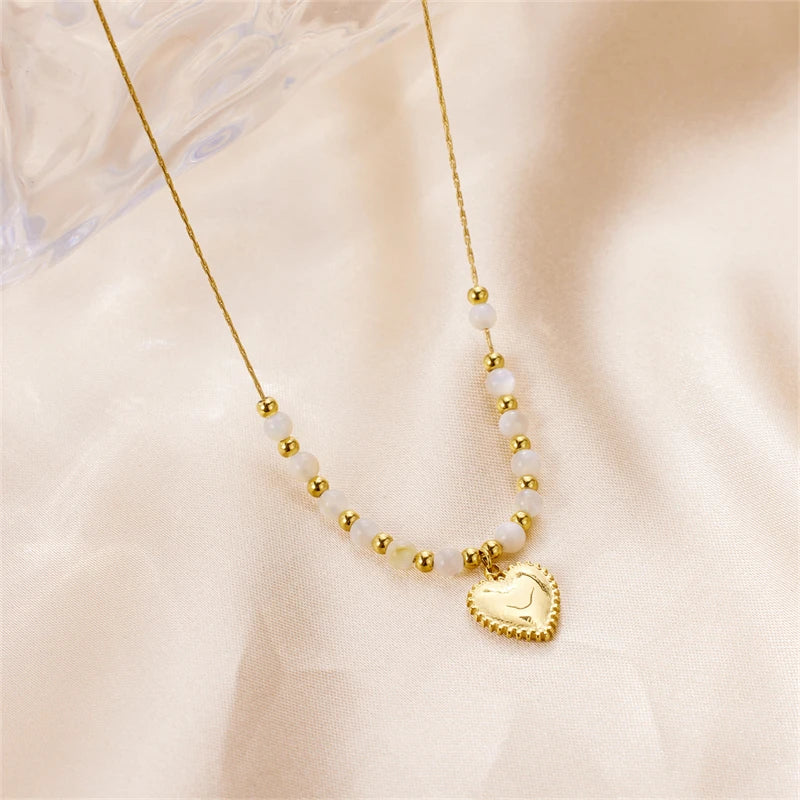 Women and Girls Stainless Steel Heart Shell Necklace and Bracelet Set Gold Plated Jewelry