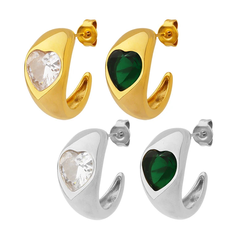Fashion Luxury Green and White Glass Stone Earrings Stainless Steel Gold Earrings