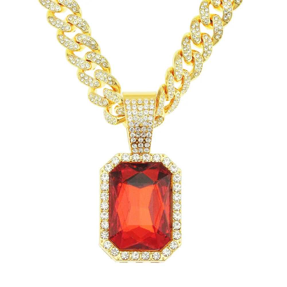 Hip Hop Hot Selling Rap Men's Ruby Pendant Ornaments Hipster Cool Decoration Cuban Chain Necklace