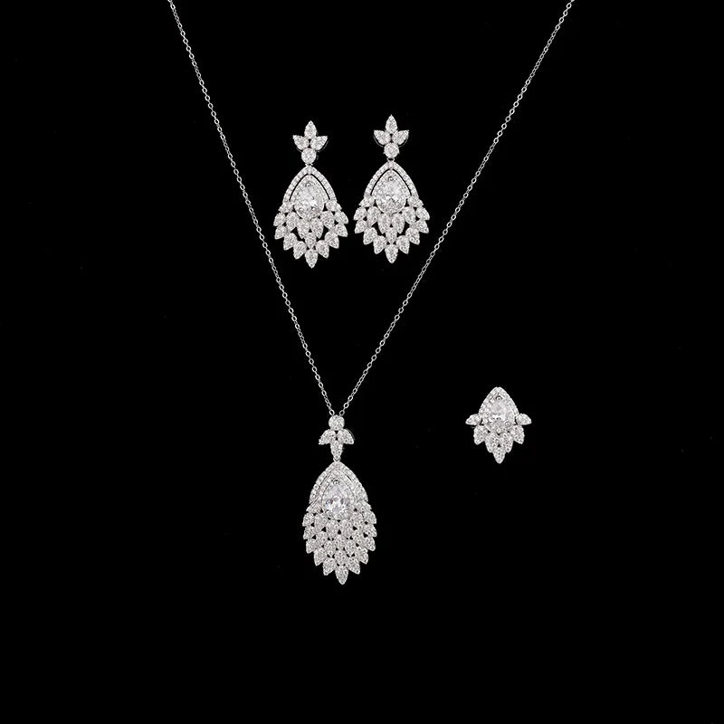 Fashionable Daily 3 Pcs Earrings Ring Jewelry Sets Gold Plated Micro Pave Cubic Zircon CZ Geometric Necklace Set Women CN2657