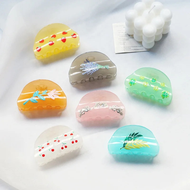 Customizable Bright Summer Women Girls Stylish Printing Tulip Strawberry Flower Cherry Hair Claws Shell Acrylic Claw Hair Clips