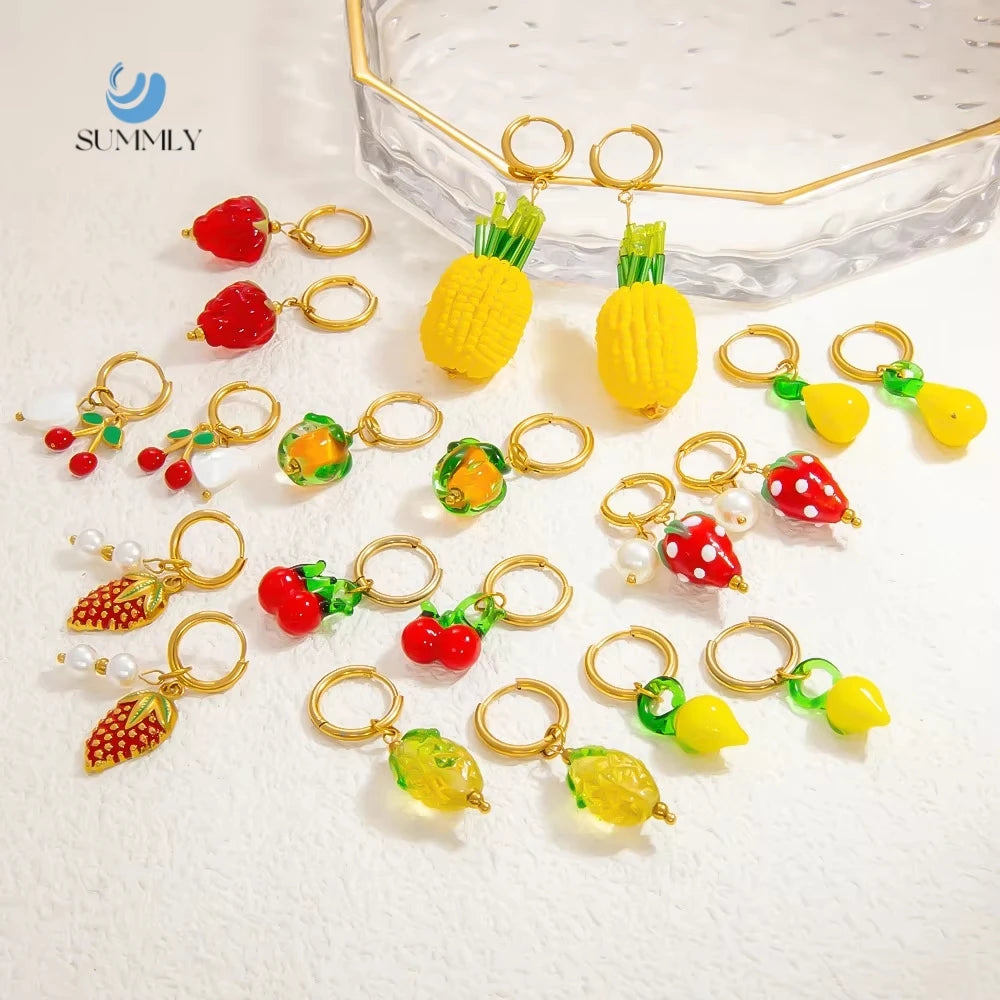 SUMMLY DIY Glass Cherries Strawberries Corn Pineapple Fruit Pendant 18K Gold Plated Stainless Steel Earrings Fashion Jewelry
