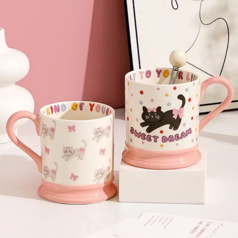 M Cute Pink Cat Illustration Colorful Letters Ceramic Water Cup Coffee Cup Best Friend Gift Cup Ceramic Mug