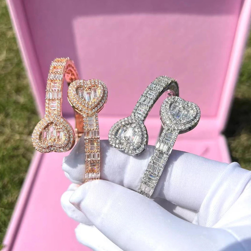 6mm baguette CZ Heart Style Iced Out Bling Bangle Hip Hop Women Street Fashion Bracelet Adjustable Full Iced Women Bangle