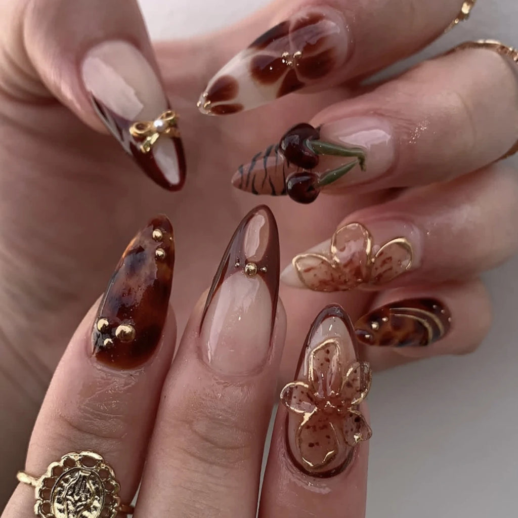 24 Pcs Korea Imported ABS Acrylic 3D Short Almond 4117 Art Acrylic Press on Nails Artificial Fingernails False Nail
