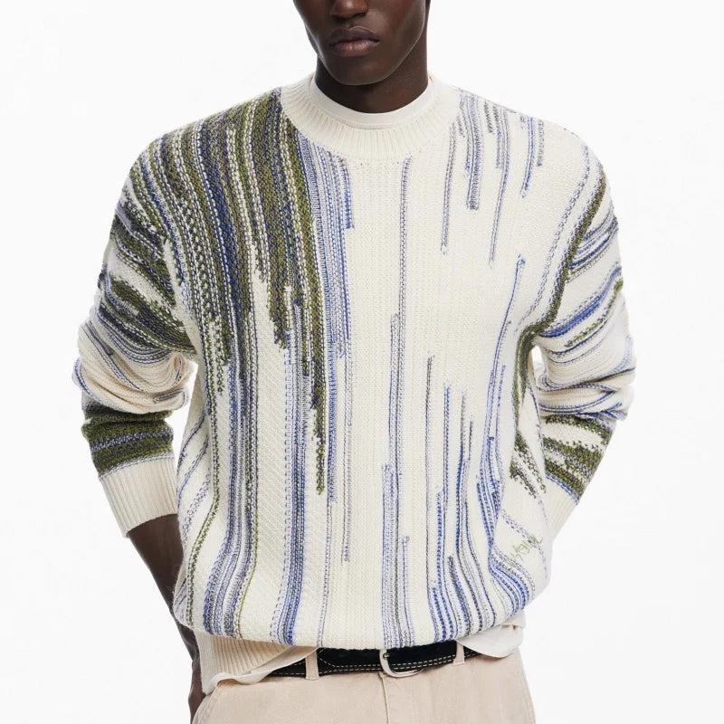 Logo ODM Supply Contrast Colors Men's Autumn Winter Casual Breathable Front Logo Striped Knitwear Long-sleeve Neck Knit Sweater