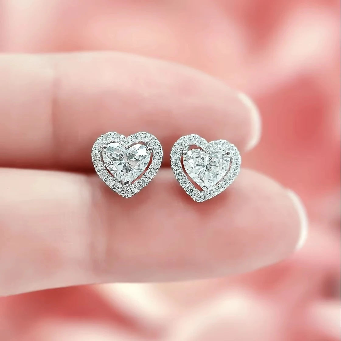 New Design 14k White Gold Rhodium Plated Classic Heart Cut Filled Lab Grown Diamond Stud Earrings IGI Certified Unisex Romantic