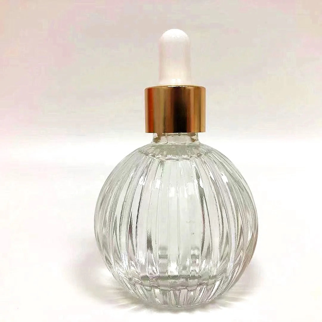 50ml Unique Round Embossed Luxury Oil Glass Bottle Silver Cap Screen Printed Dropper Bottle